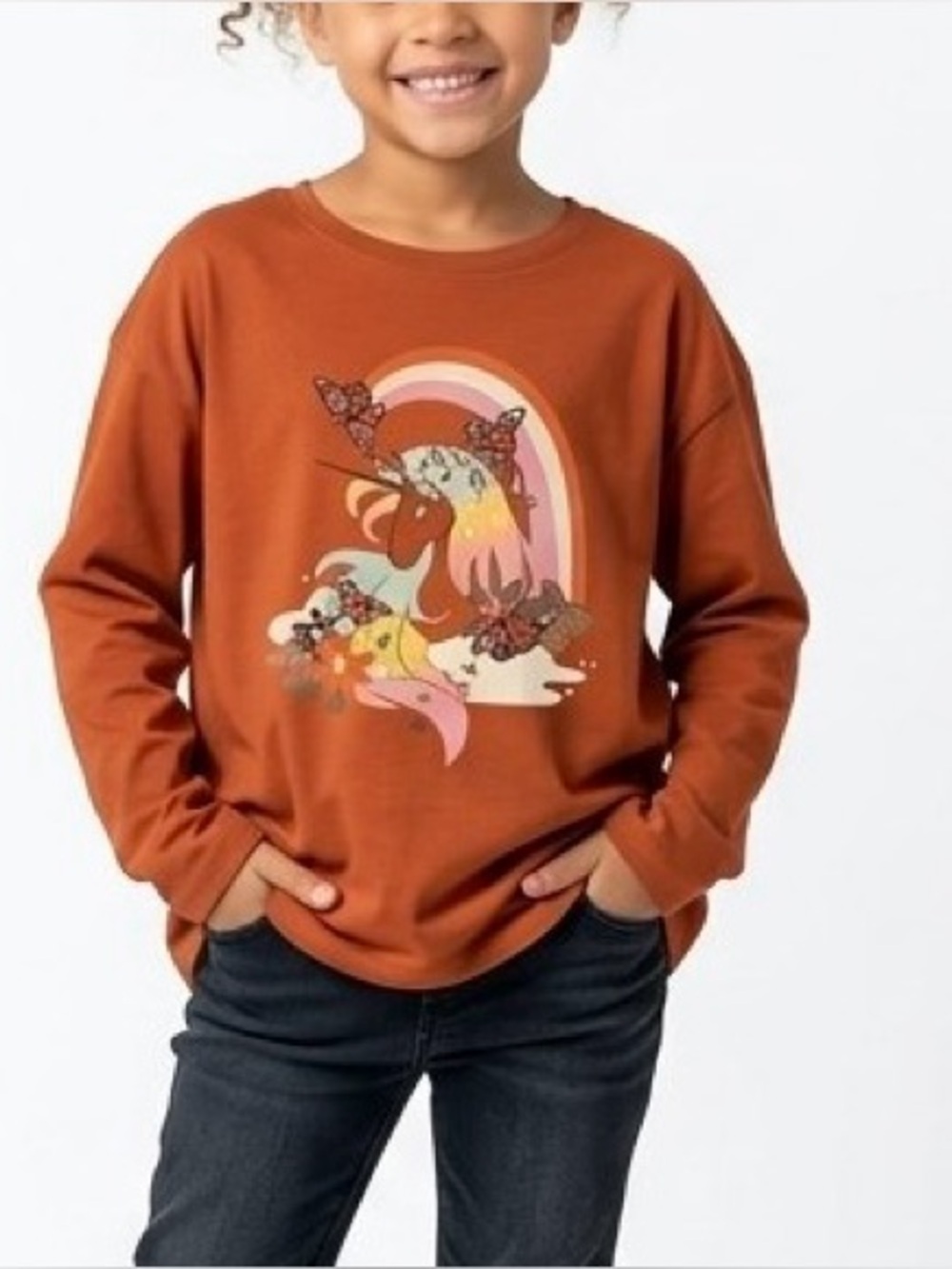 Orange Unicorn Graphic Tee T-Shirt Long Sleeve Crewneck…